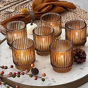 Kate Aspen 24PCS Vintage Ribbed Amber Glass Tealight Votive Candle Holders Fall Decor Boho Decor Shelf Decoration for Wedding Bachelorette Bridal Shower Anniversary