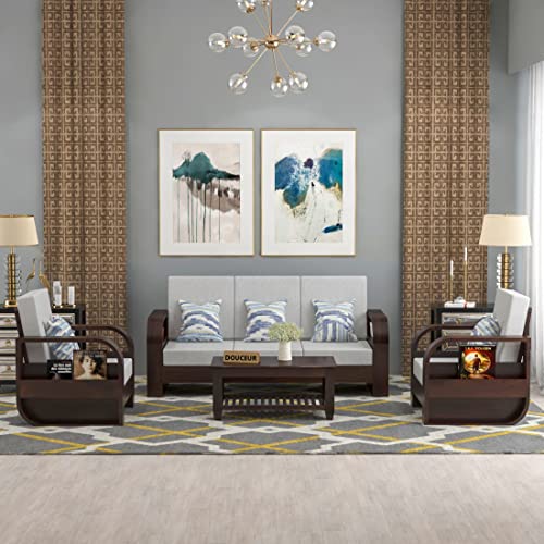 Image of Douceur Furnitures Solid Sheesham Wood 5 Seater Sofa | Five Seater Sofa Set with Coffee Table for Living Room, Cafe, Office | (Walnut Cushion Grey)