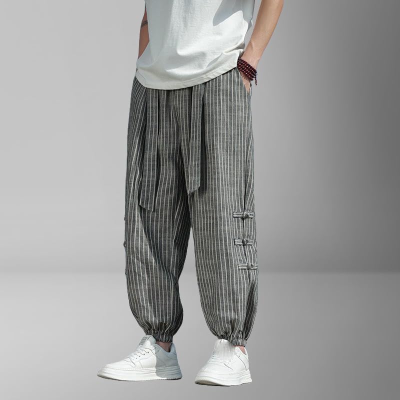 Men's Summer Chinese Style Trendy Thin Loose Cotton Linen Striped Jogger Pants2