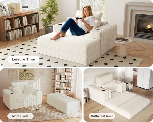 Busaurus 62\" Oversized Chaise Lounge Chair Indoor, Fluffy Corduroy Upholstered Boneless Couch, Convertible Sleeper Sofa Bed & Reading Chair, Cloud Sofa Couches for Living Room, No Assembly, Beige - Thumbnail 3