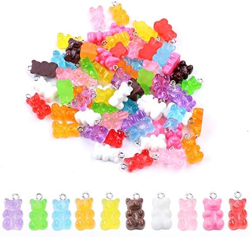 100 Pcs Resin Gummy Bear Pendant Colorful Bear Candy Charms Cartoon Bear Keychains Necklace Charm Cute Bracelet Accessories for Child DIY Craft