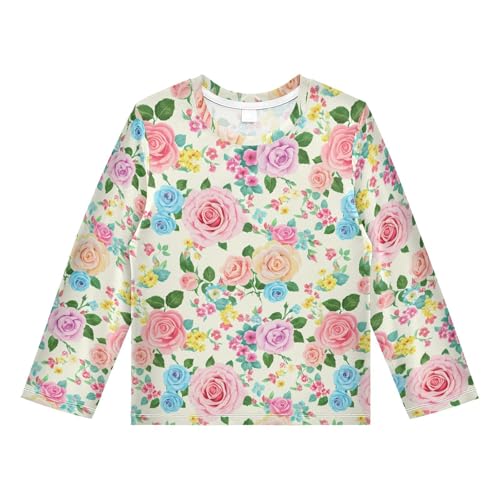 Rose Blossom Floral Beige Boy's Rash Guard Swim Shirt Long Sleeve Sun Shirt for Kids Toddler UPF50+ 3T