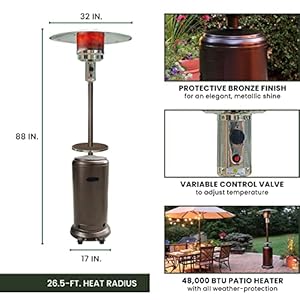 Hanover Outdoor 48000 BTU Propane Umbrella Patio Heater 7 Feet Tall with Wheels Push Button Start and Adjustable Temperature for Backyard Events and Outdoor Entertaining Hammered Bronze