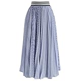 CHICWISH Women's Blue and White Stripe Pleated A-Line Midi Prom Party Skirt, Size S-M