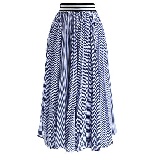 Chicwish Women's Blue and White Stripe Pleated A-Line Midi Prom Party Skirt