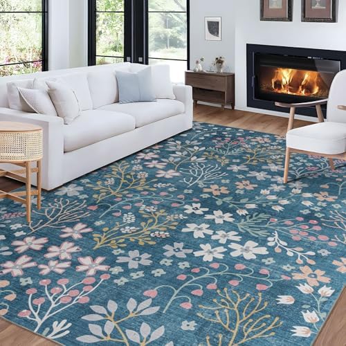 Phyllis Modern Area Rug, 6'×9' Washable Accent Floral Rug, Non-Slip Flower Leaf Carpet, Non-Shedding Colorful Rug with Low Pile for Living Room, Bedroom, Dining, Office, Blue