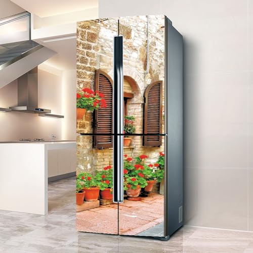 Pegatinas para frigorífico, pegatinas para la nevera, para puerta de cobertura completa, fundas para frigorífico, pegatinas de pared para cocina, retro flor francesa Alley Street View(L: 100x180 cm)