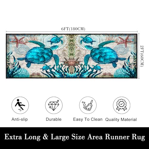 Coastal Runner Sea Turtle Hallway Rug 2x6 - Blue Turtles Beach Ocean Life Teal Marine Animal Area Rug Non-Slip Floor Carpet for Bedroom Entryway Door Mat Washable - Image 2