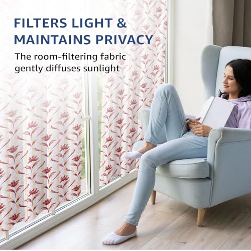 Image of Amazon Basics - Leaf Print Light Filtering Curtains | 100% Cotton 150 TC | Set of 2 | 7 Feet | 115 x 210 cm | Maroon | Eyelets & Tiebacks| Ideal for Bedroom and Living Room