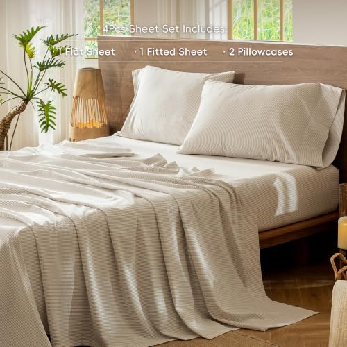 Image of MooMee Striped Sheet Set 100% Washed Cotton Linen Like King