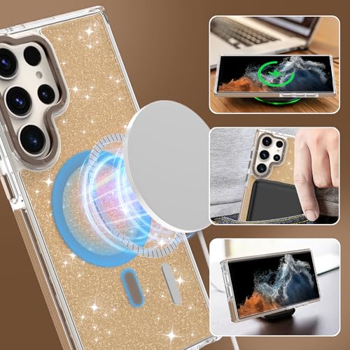 Image of Magnetic Case for Samsung Galaxy S22 Ultra [Compatible with Magsafe] [Bling Glitter Fluorescent Design] [1 Screen Protector] Slim Translucent Matte Case for Galaxy S22 Ultra 6.8 inch, Desert