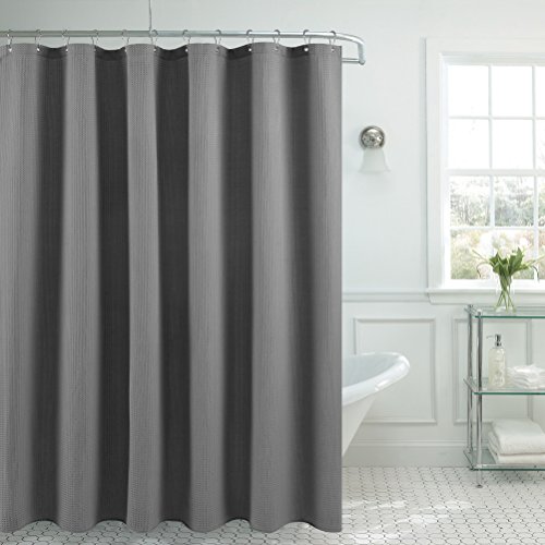 Image of Barossa Design XLong Fabric Waffle Weave Shower Curtain 96 inch Height, Hotel Collection, Water Repellent, 230 GSM Heavy Duty, Machine Washable, Gray, 71x96