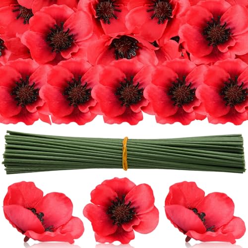Augshy 75 Pcs Artificial Poppy Flowers, Red Fake...