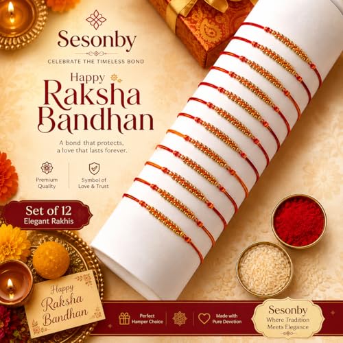Image of Set of 12 Elegant Rakhi for Bhaiya with Roli Chawal, Traditional Gold Beaded Red & Yellow Thread for Brother, RakshaBandhan Rakhi Combo Pack for Family