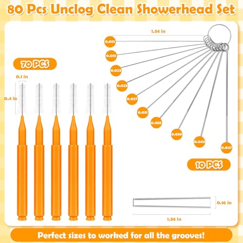 Image of 80 Pcs Shower Head Cleaner Tool, 70 Pcs Shower Head Cleaning Brush Picks for Unclogging Small Hole,10 Pcs Functional Nozzle Unclogger for Showerhead with Storage Box for Household Bathroom (Orange)