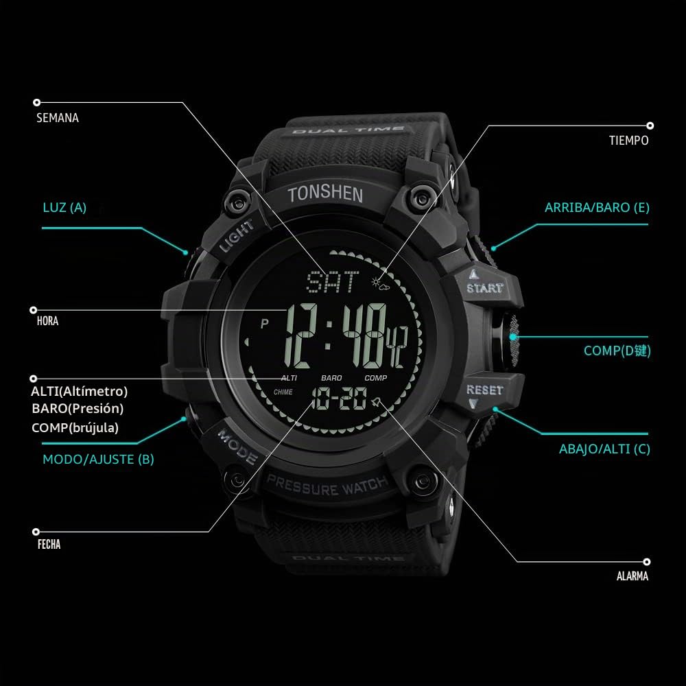 TONSHEN Hombre Reloj Outdoor Militar Digital Brújula LED Electrónica Doble Tiempo Altímetro Termómetro Podómetro Calorías Alarma Multifuncional Deportivo Relojes de Pulsera