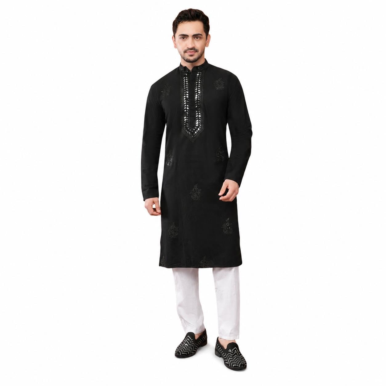 Men's Cotton Embroidered Mirror Work Kurta with Pyjama | Full Sleeves Mandarin Collar Ethnic Kurta for Festive, Wedding, Party Black-picture-27