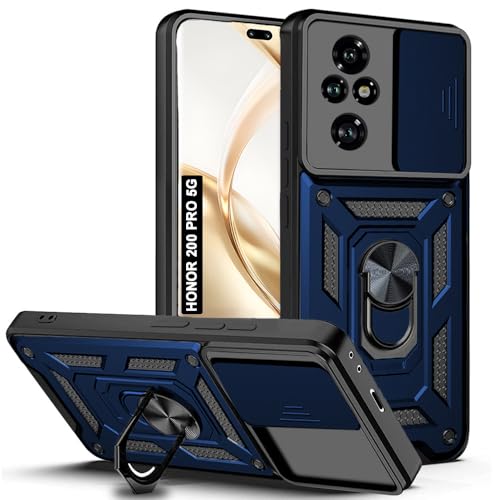 Image of AESTMO Tough Armor Honor 200 Pro 5G Bumper Back Case Cover | Ring Holder & Sliding Camera Shield Cover | 360 Degree Protection Back Case Cover for Honor 200 Pro (Blue)