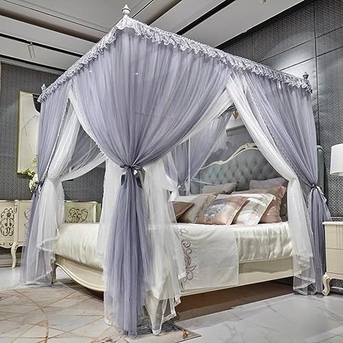 4 Corners Post Princess Mosquito Net Curtains Bed Canopy for Girls Curtain- Double Layer Sheer Mesh Canopies Drapes Girls Room Decor (Sliver-Grey, Full)