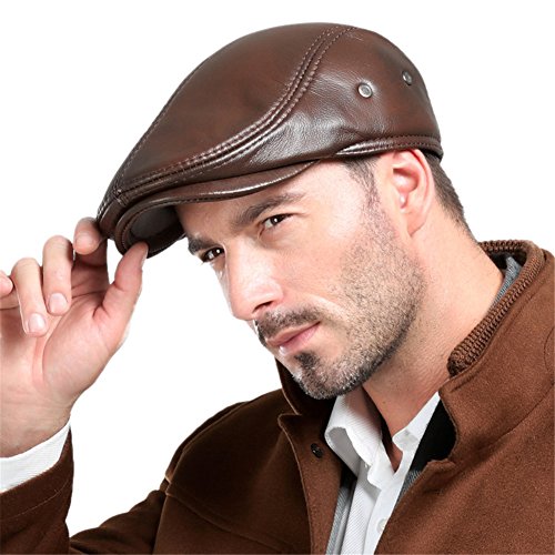 VEMOLLA Men's Real Cowhide Leather Beret Hunting Cap Beanie Trucker Cap Mens Sports Hat Ancient Brown L - Thumbnail 2