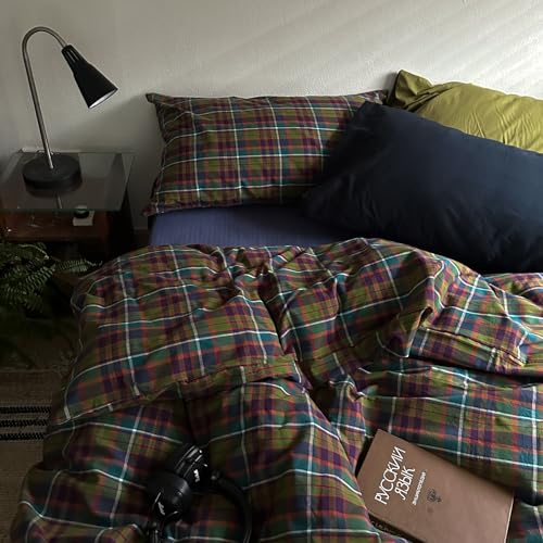 Image of VM VOUGEMARKET Neutral Multicolor Plaid Washed Cotton Duvet Cover Queen,Vintage Green & Purple Gingham Tartan Bedding Set for Modern & Rustic Bedrooms(90 inchx90 inch)