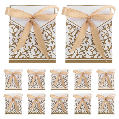 iplusmile Cajas de Dulces para Boda Estilo Europeo 100 Piezas Caja de Obsequio Dorada con Lazo Bolsas para Recuerdos de Fiesta y Regalos para Invitados Adecuado para Eventos y