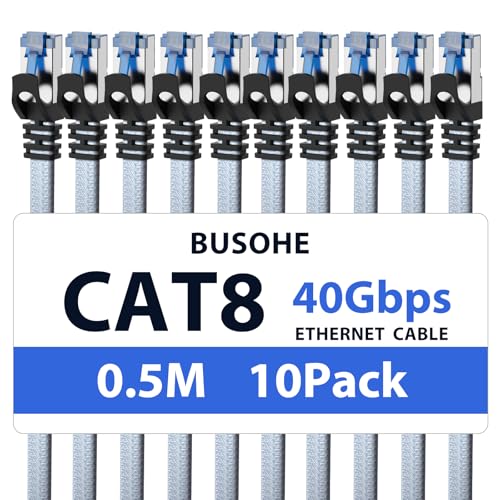 BUSOHE Cat 8 LAN Kabel 0,5m (10-St&uuml;ck), 40Gbps 2000MHz Ethernet Kabel Netzwerkkabel, Flach Hochgeschwindigkeits Gigabit RJ45 Patchkabel, Geflochtener Internet Kabel Kompatibel mit PC, Router, Modem