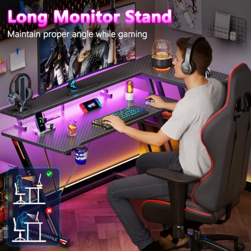 Image of Korfile 55 Inch Gaming Desk with Power Outlet & LED Lights, L Shaped Gamer Computer Table with Storage Shelves for Bedroom, Corner Home Office Desk, Carbon Fiber Black