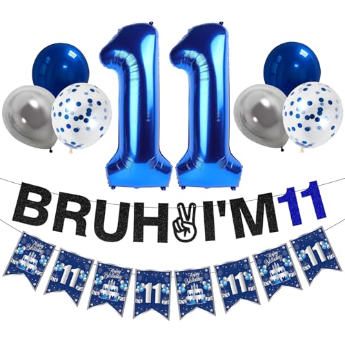 Zirtorei 11th Birthday Decorations for Boys 10pcs Blue Silver Bruh Im 11 Banner Happy 11th Birthday Balloons 11 Year Old Bday Party Supplies Sign