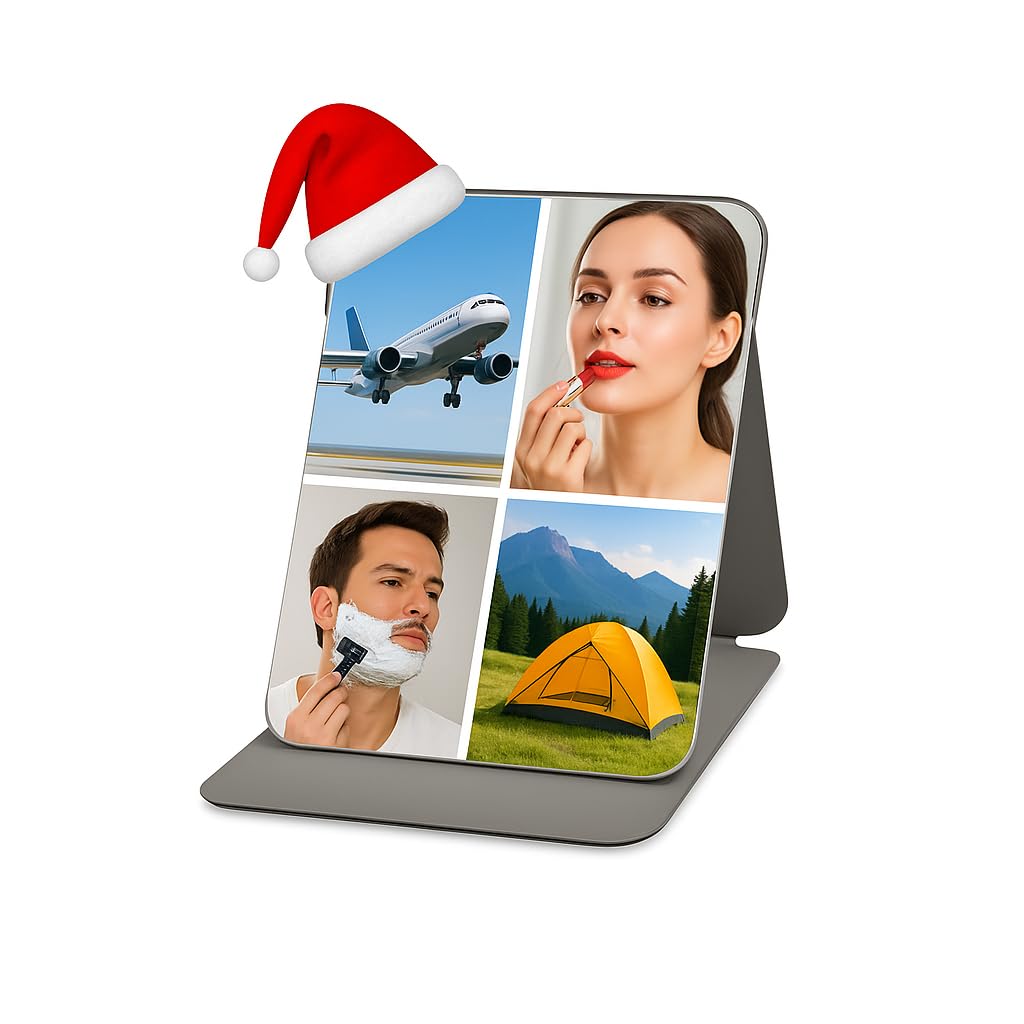 Portable Foldable Travel Mirror 20 × 15 cm Small Mirror with Stand for Makeup or Shaving Lightweight Mini Design Folding PU-Leather Cover Ideal for Desk Dressing Table or Suitcase (Black)