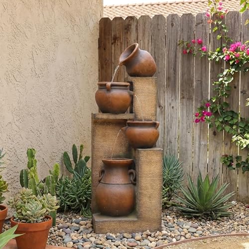 Bumilgar 53' H Patio Water Fountain - The 4 Cascading Modern Feature Crocks Garden Fountains and Waterfalls with Warm Lights for Porch, Deck, Patio, Backyard Home Décor (Gold)