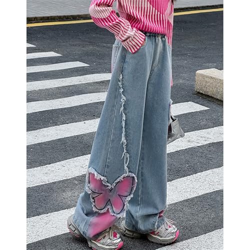 Girls Trendy Butterfly Print Y2k Jeans Baggy Wide Leg Ripped Dark Blue Denim Pants Elastic Waist Denim Sweatpants2