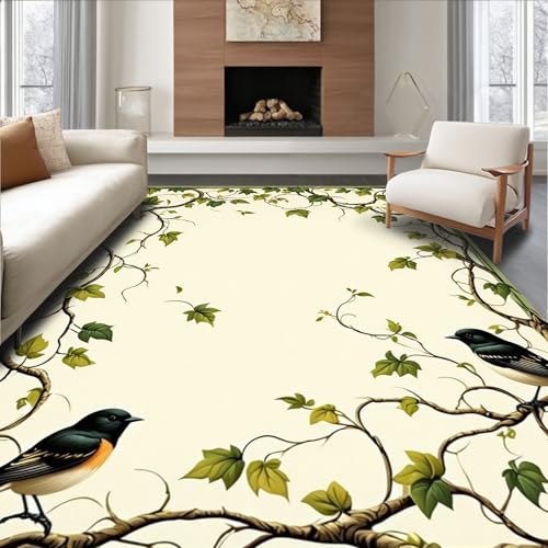ODIKA Ultra Soft Area Rug 2x3, Non Slip, Stain Resistant, Washable Area Rugs for Living Room, Bedroom, Circular Ivy Vines Rug with Delicate Songbird Silhouettes and Leafy Flourishes (Ivory, 2x3)