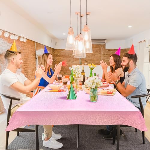 Image of Just Shimmer Light Pink Holographic Tablecloth 40 x 108, 1 Pack Iridescent Shiny Plastic Table Cover for Girls Birthday, Baby Shower, Bridal Shower, Princess and Bachelorette Party Decorations