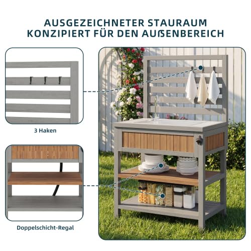 Merax Gartenschrank mit Wasserbecken & Wasserhahn – Wetterfester Geräteschrank mit großer Edelstahl-Arbeitsfläche, Schublade & integriertem Flaschenöffner, Outdoor-Küchenschrank