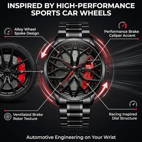 Image of Men's Quartz Watch with Rotating Alloy Wheel Dial | Brake Disc Inspired Sport Car Wheel Watch for Men & Boys, Black Stainless Steel Bracelet, Red Hands Spinner Design
