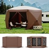 Garvee 13FT Pop-Up Gazebo 6-Sided, Outdoor Canopy Tent with Mosquito Netting & Removable Wind Cloths for Camping, Backyard Parties, Outdoor Events, Beige & Khaki