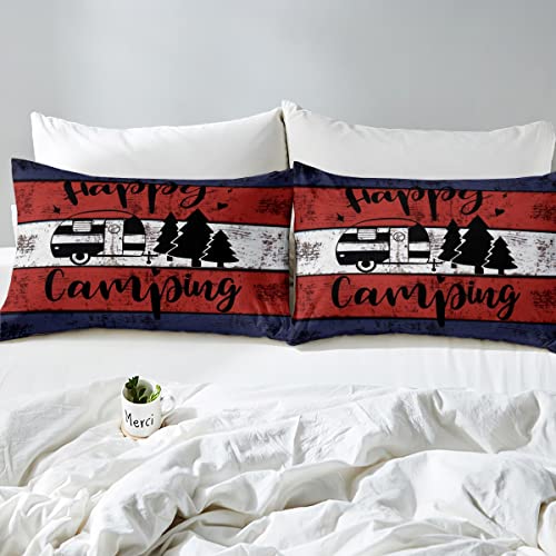 Happy Camping Duvet Cover Double Size 3 Pcs Retro Blue Red White Wooden Stripes Bedding Set for Kids Teens Adults Cartoon RV Trees Rustic Farmhouse Style Comforter Cover with 2 Pillowcases - Image 4