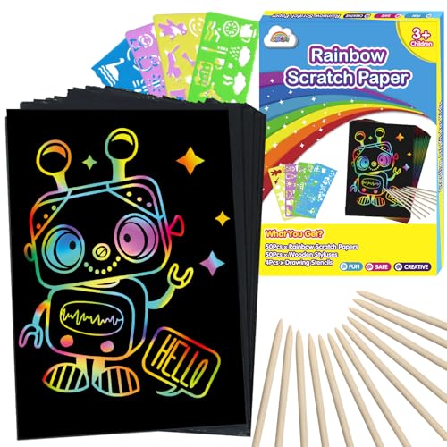 ZMLM Scratch Art Crafts Boys Gifts, 100pcs Rainbow Scratch Paper Art for 3 4 5 6 7 8 9 Years Old Girls and Boys Kids, Arts and Crafts for Kids 4-6 Christmas Gifts Toys and Party Favors (Blue)