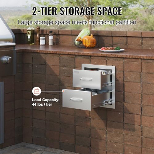 Image of VEVOR Outdoor Kitchen Cabinets 14W x 14.3H x 23D Inch, BBQ Island Drawers Stainless Steel, Flush Mount Double with Handle, BBQ Island for Outdoor Kitchens or Grill Station