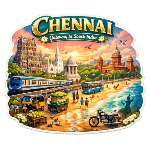 GiftODay Indian Places Theme Souvenir Wooden Fridge Magnet for Refrigerator - Decorative Fridge Magnet for Kitchen & Home Decoration Size 3x3 Inches | Pack of 1 (Chennai)
