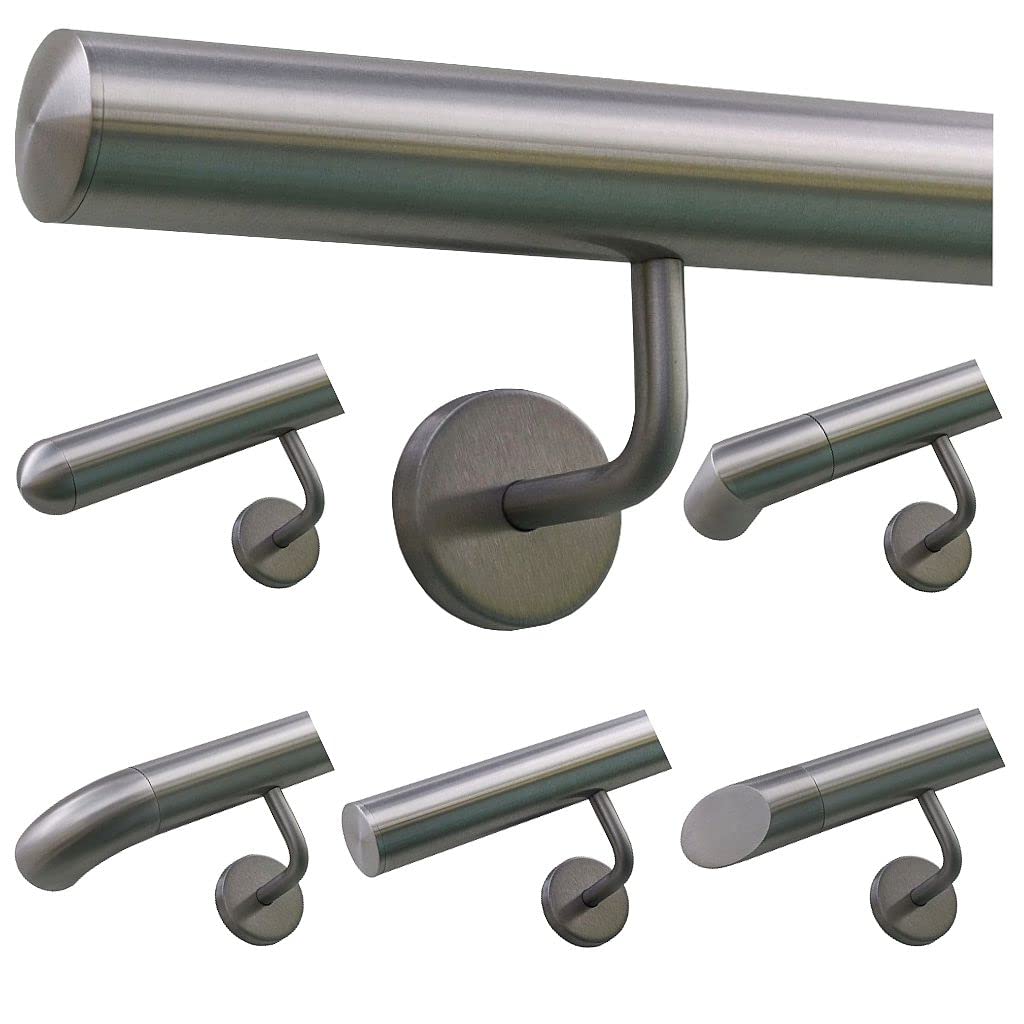TIBU Handlauf Edelstahl 33,7 mm Geländer 100 cm gewölbte Kappe gewinkelte Halter