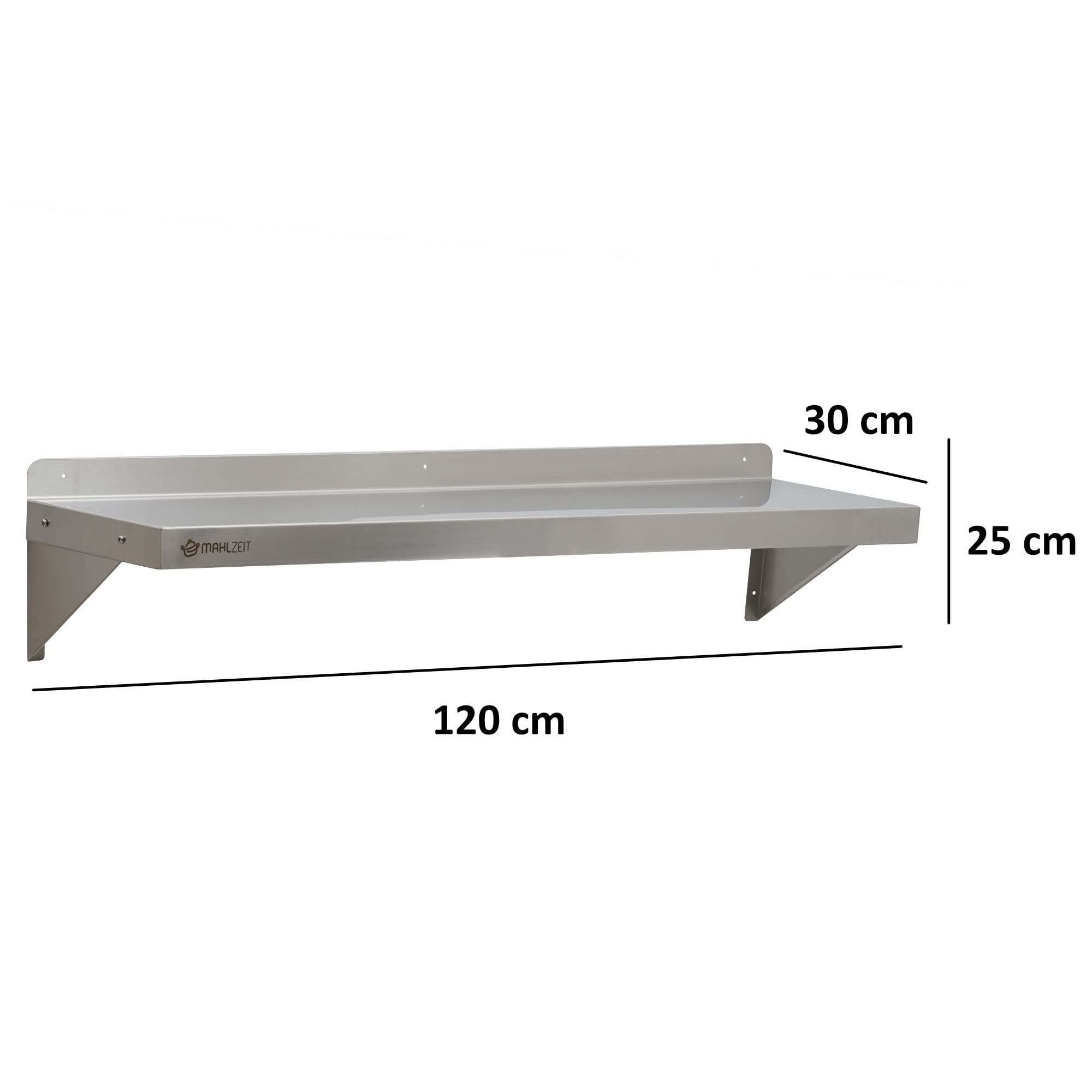Mahlzeit Mensola da parete in acciaio inox | 120 x 30 cm | 1 ripiano che può sopportare 50 kg | Resistente alla corrosione, facile pulizia | Mensola da cucina Mensola sospesa Mensola da parete Ripiano