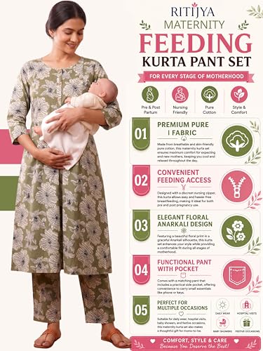 Image of RITIJYA Pure Cotton Feeding Kurta Pant Set for Women | Floral Anarkali Pregnancy Dress with Concealed Nursing Zipper Side Pocket | Pre & Post Partum | Maternity Dresses | Baby Shower Outfit