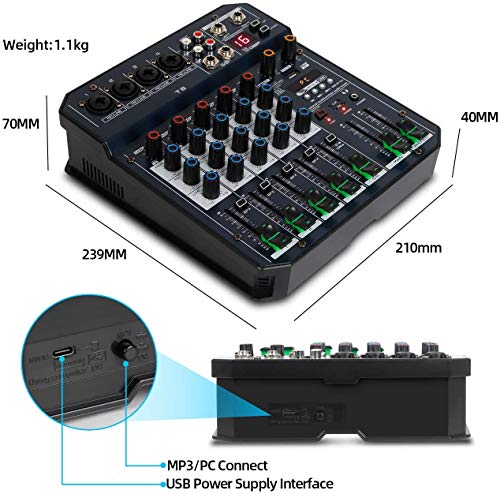 Depusheng T6 Audio-Mixer 6-KANAL-DJ-Soundcontroller-Schnittstelle mit USB-Soundkarte für PC-Aufnahme, XLR-Mikrofonbuchse… - Image 3