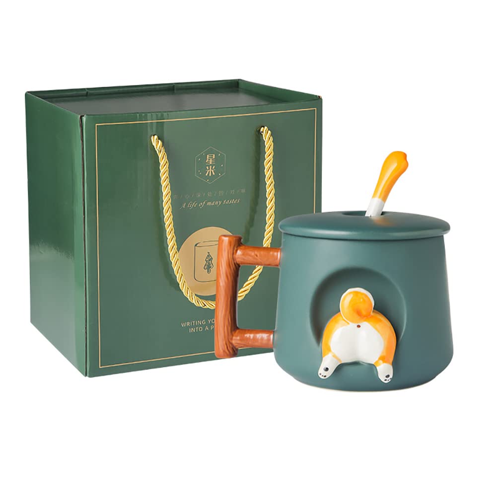420 ml nowe ceramiczne urocze kubki do kawy, 14 uncji kubek do herbaty Shiba Inu kubek biurowy uroczy kubek do mleka z motywem psów 4D z łyżeczką w pokrywce, prezent dla rodziny i przyjaciół w biurze