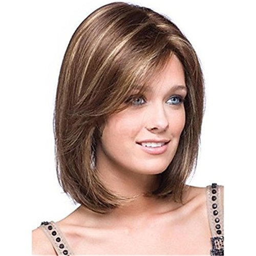 Kalyss Women's Short Bob Style Dark Brown With Blonde Highlights Yaki Synthetic Hair wigs with Hair Bangs Hair Replacement Wig for Women