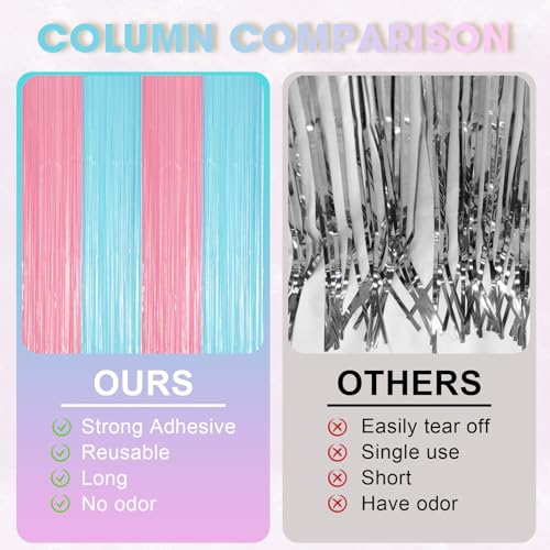Image of Voircoloria 2 Pack Pastel Blue and Pink Foil Fringe Backdrop Curtains, Tinsel Streamers Party Decorations, Fringe Backdrop for Gender Reavel, Baby Shower Party