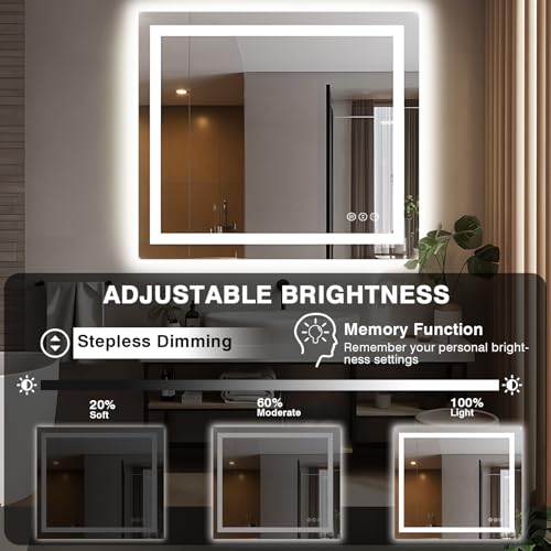 40"x38" Lighted Mirrors for Bathroom Wall, Front and Backlit, Anti-Fog LED Vanity Mirror, Shatter-Proof, 3 Colors Memory Mirror (Horizontal/Vertical)