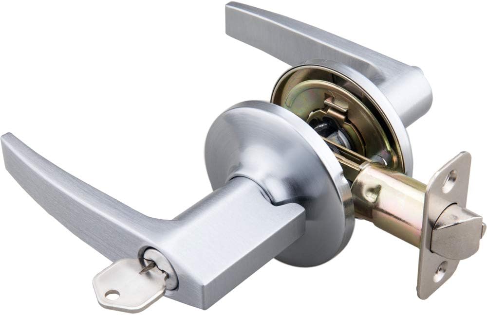 EZ-FLO Straight Lever Handle Entry Door Lockset, Reversible for Right/Left Handed, Radius Corner Latch Plate, Satin Chrome, 57846